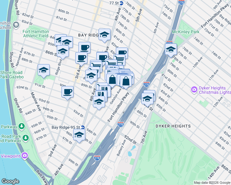 map of restaurants, bars, coffee shops, grocery stores, and more near 521 88th Street in Brooklyn