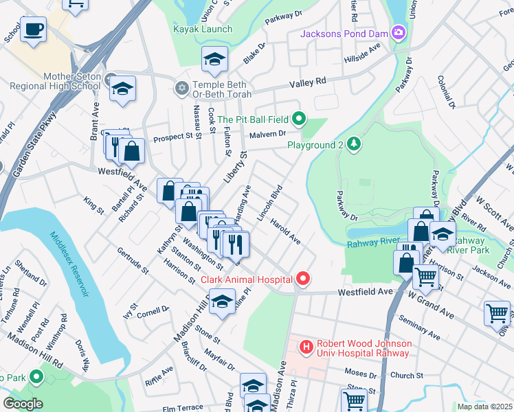 map of restaurants, bars, coffee shops, grocery stores, and more near 16 Harold Avenue in Clark