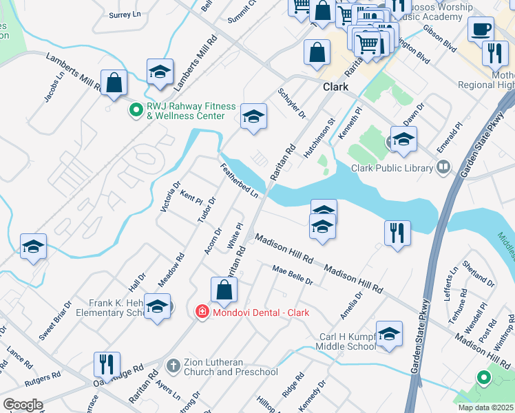 map of restaurants, bars, coffee shops, grocery stores, and more near 792 Raritan Road in Clark