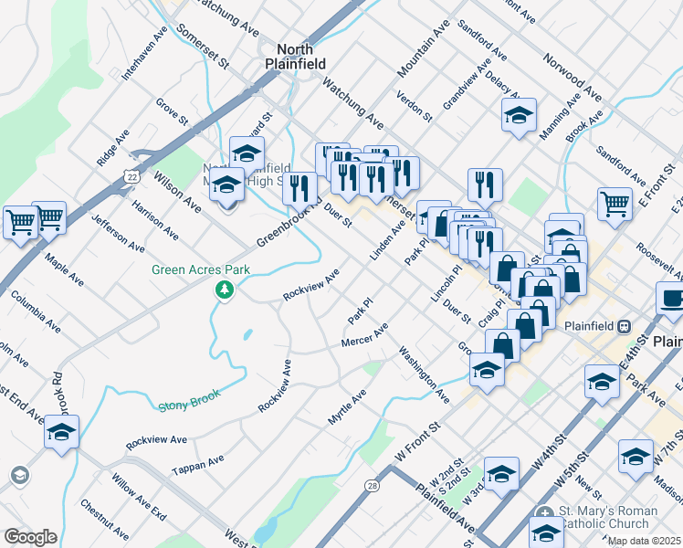 map of restaurants, bars, coffee shops, grocery stores, and more near 77 Linden Avenue in North Plainfield