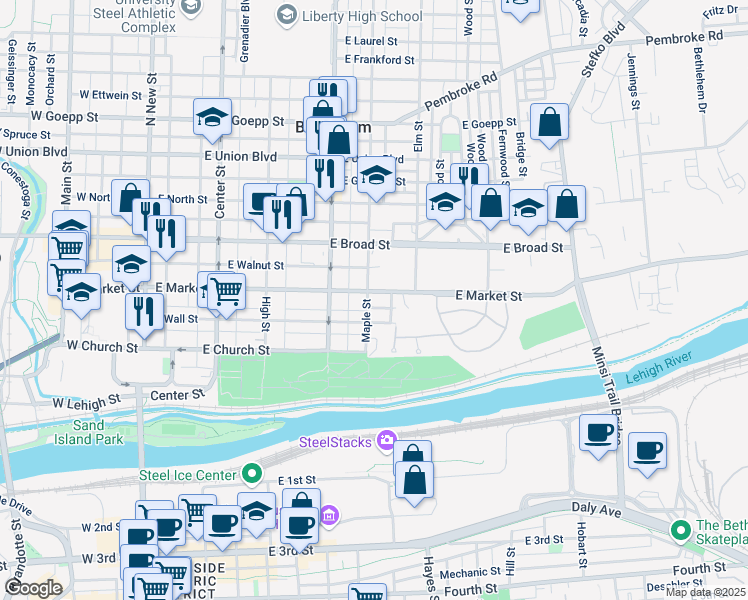 map of restaurants, bars, coffee shops, grocery stores, and more near 450 Maple Street in Bethlehem