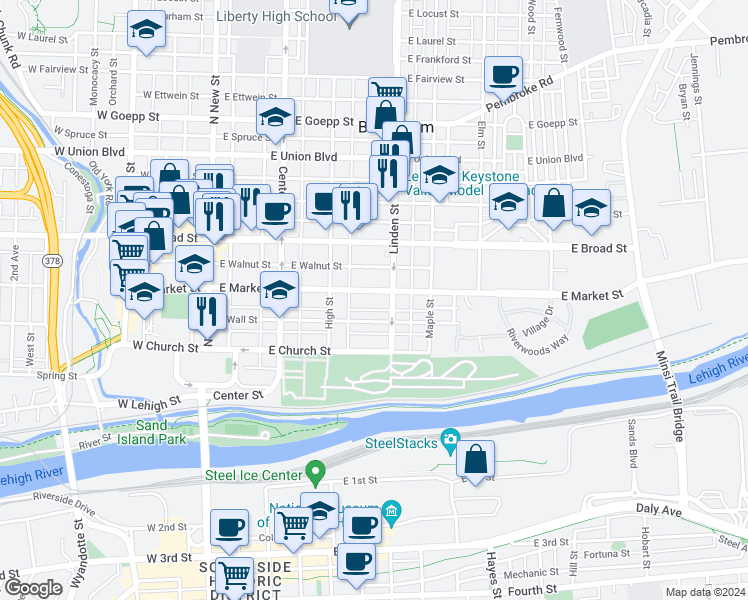map of restaurants, bars, coffee shops, grocery stores, and more near 233 East Wall Street in Bethlehem