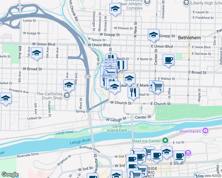 map of restaurants, bars, coffee shops, grocery stores, and more near 437 Main Street in Bethlehem