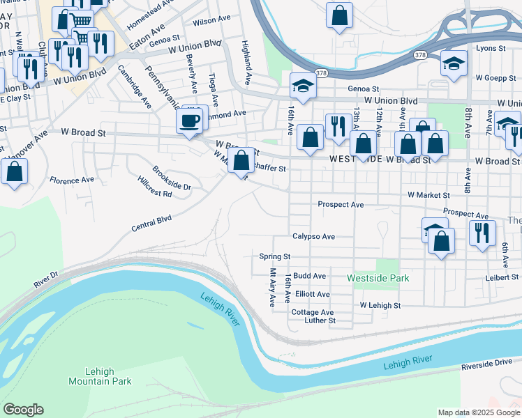map of restaurants, bars, coffee shops, grocery stores, and more near 1748 Shimer Avenue in Bethlehem