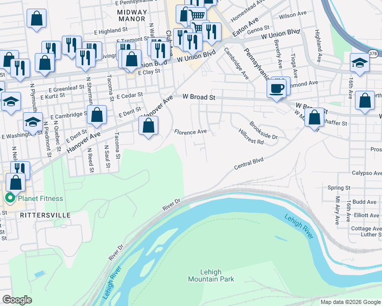 map of restaurants, bars, coffee shops, grocery stores, and more near 253 Central Park Avenue in Bethlehem