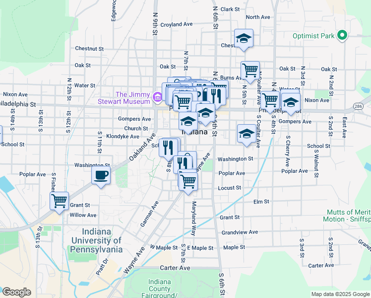 map of restaurants, bars, coffee shops, grocery stores, and more near 228 South 7th Street in Indiana
