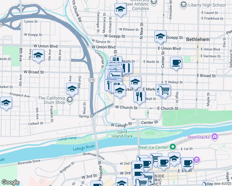 map of restaurants, bars, coffee shops, grocery stores, and more near 437 Main Street in Bethlehem