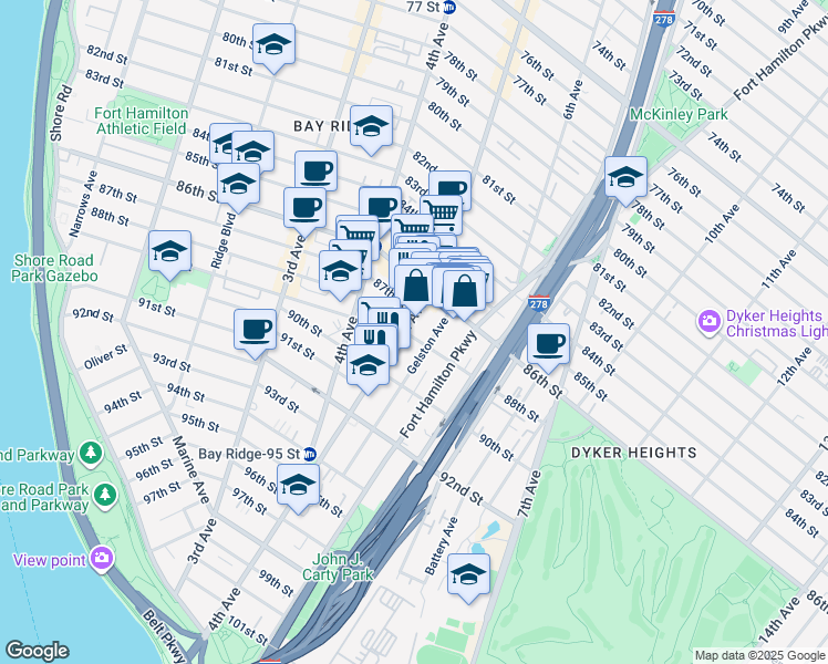 map of restaurants, bars, coffee shops, grocery stores, and more near 8713 5th Avenue in Brooklyn