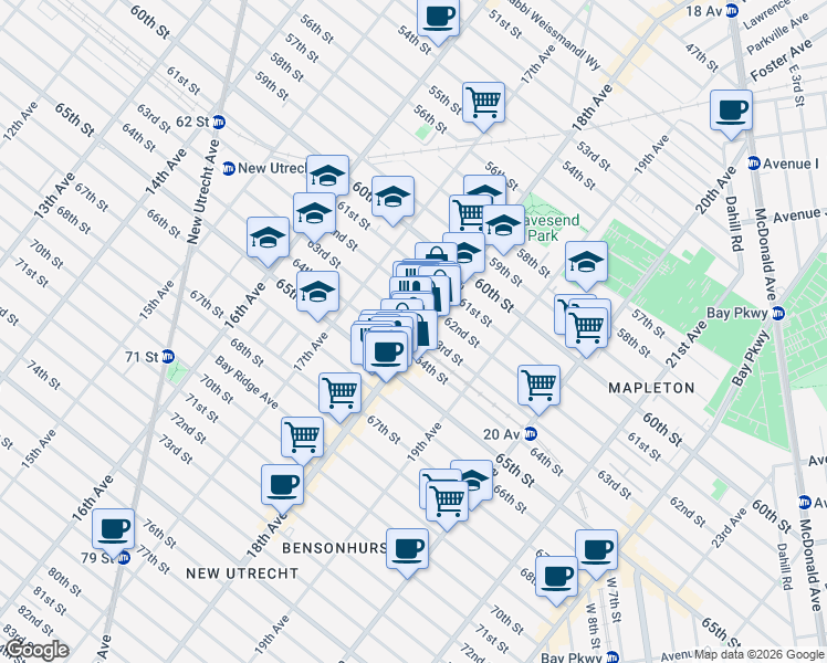 map of restaurants, bars, coffee shops, grocery stores, and more near 6210 18th Avenue in Brooklyn