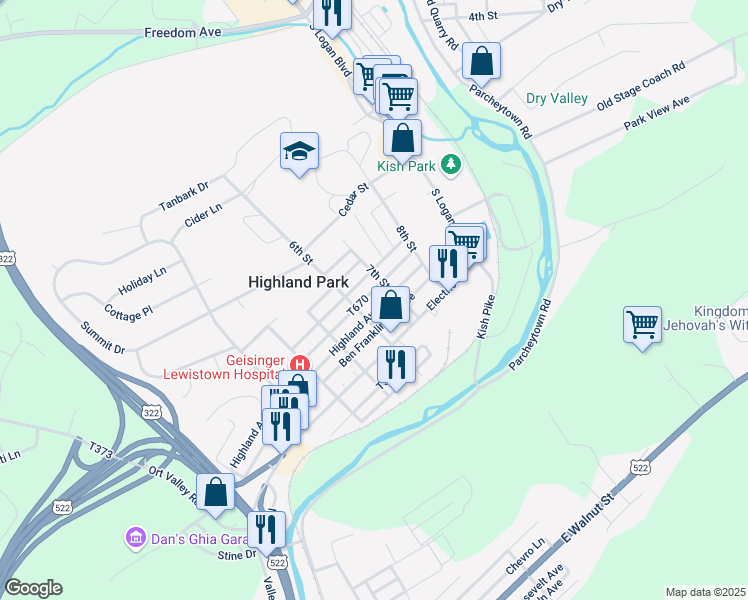 map of restaurants, bars, coffee shops, grocery stores, and more near 622 Highland Avenue in Lewistown