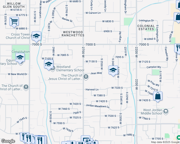 map of restaurants, bars, coffee shops, grocery stores, and more near 2632 Jean Way in West Jordan