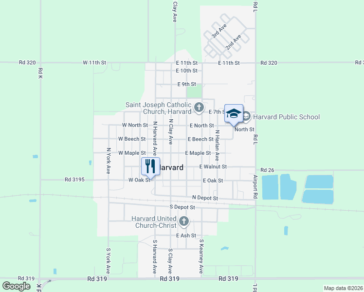 map of restaurants, bars, coffee shops, grocery stores, and more near 201-299 E Maple St in Harvard