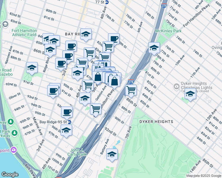 map of restaurants, bars, coffee shops, grocery stores, and more near 8602 Fort Hamilton Parkway in Brooklyn