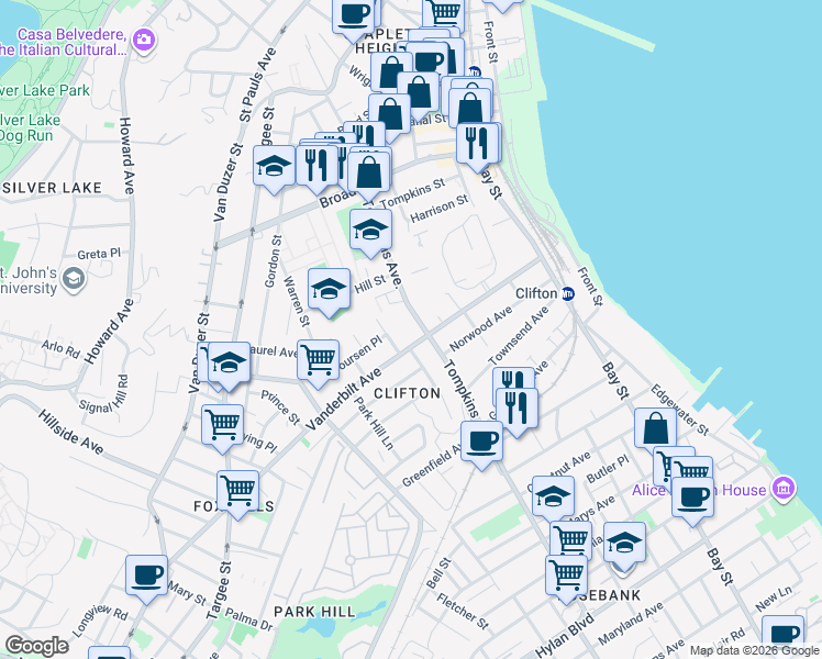 map of restaurants, bars, coffee shops, grocery stores, and more near 166 Tompkins Avenue in Staten Island