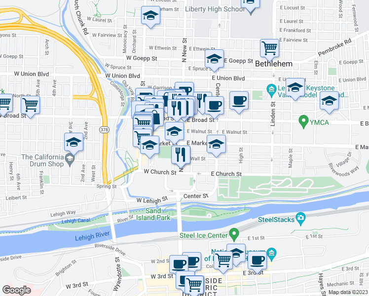 map of restaurants, bars, coffee shops, grocery stores, and more near 464 North New Street in Bethlehem
