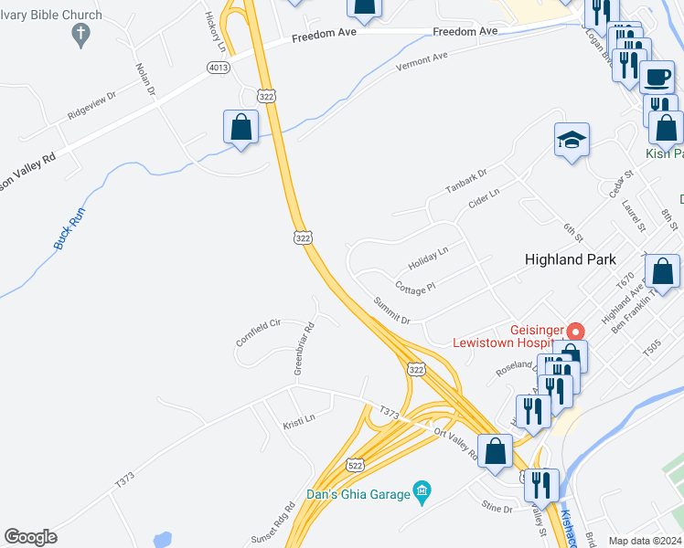 map of restaurants, bars, coffee shops, grocery stores, and more near 481 Summit Drive in Lewistown