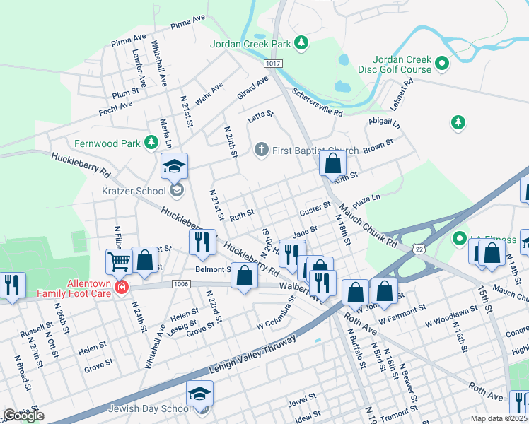 map of restaurants, bars, coffee shops, grocery stores, and more near 1633 North 20th Street in Allentown