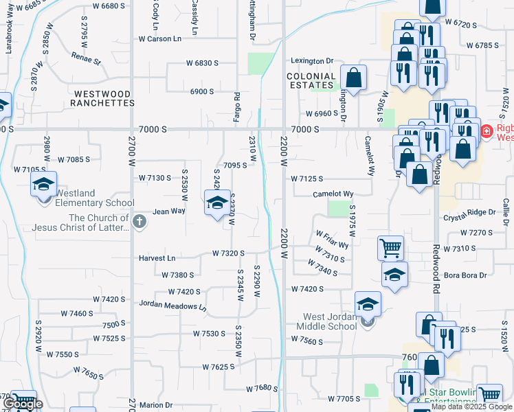 map of restaurants, bars, coffee shops, grocery stores, and more near 7139 South Mel Helen Way in West Jordan