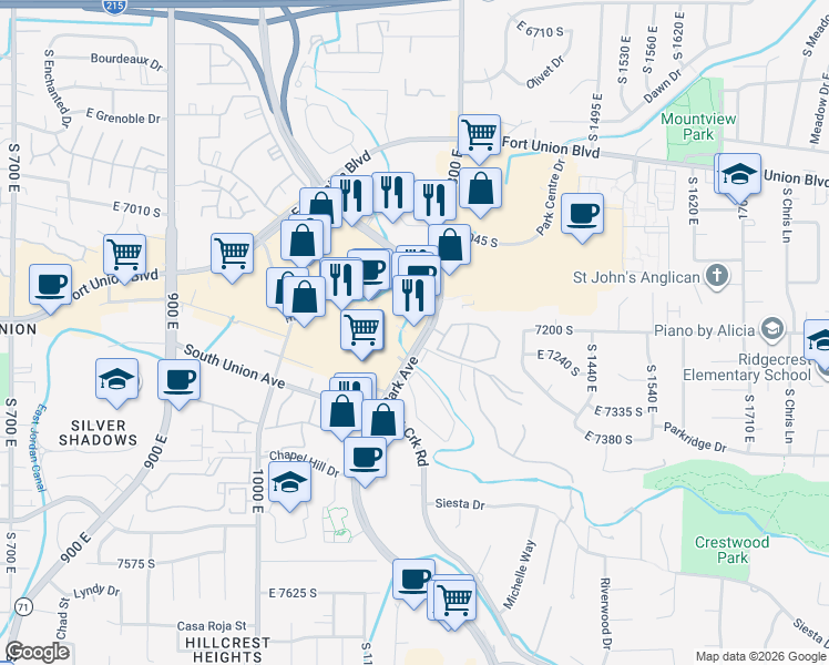 map of restaurants, bars, coffee shops, grocery stores, and more near 7206 Union Park Avenue in Midvale