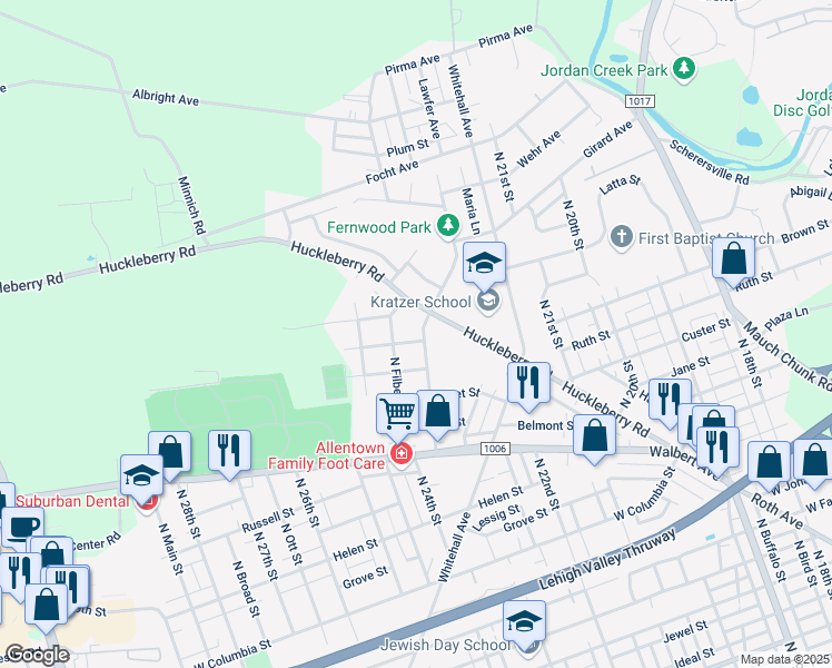 map of restaurants, bars, coffee shops, grocery stores, and more near 2348 Buchman Street in Allentown