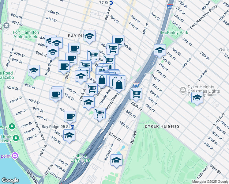 map of restaurants, bars, coffee shops, grocery stores, and more near 8602 Fort Hamilton Parkway in Brooklyn