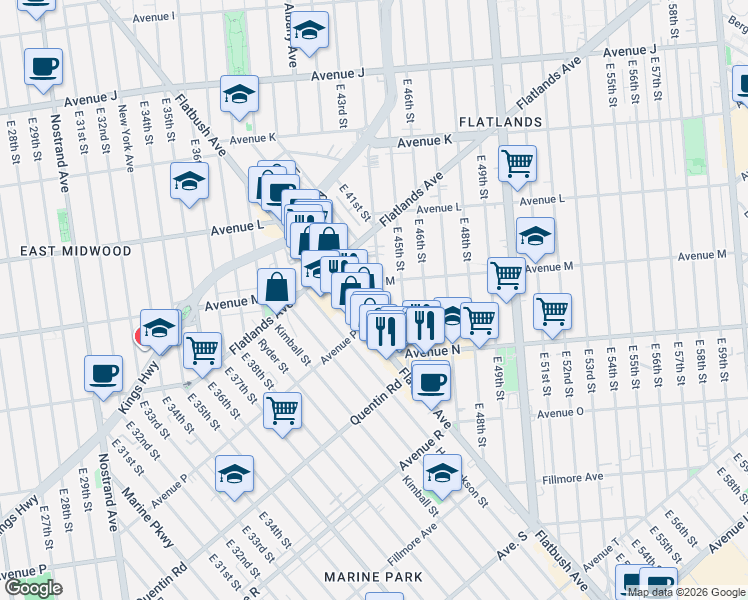 map of restaurants, bars, coffee shops, grocery stores, and more near 2049 Flatbush Avenue in Brooklyn