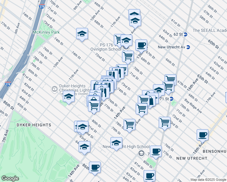 map of restaurants, bars, coffee shops, grocery stores, and more near 7419 13th Avenue in Brooklyn