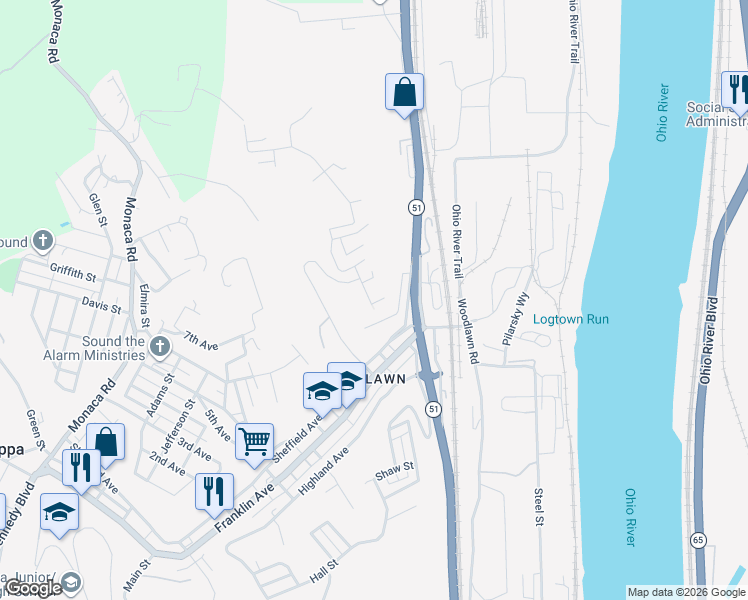 map of restaurants, bars, coffee shops, grocery stores, and more near 115 Ohio Street in Aliquippa