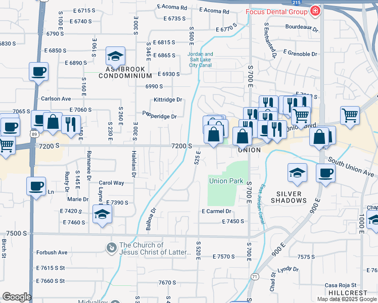 map of restaurants, bars, coffee shops, grocery stores, and more near 7233 Pearl Circle in Midvale