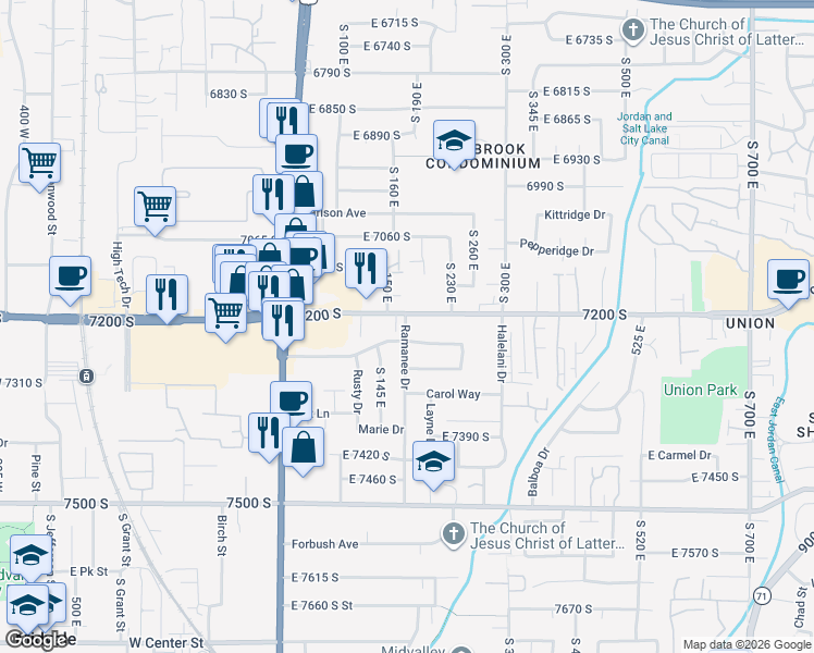 map of restaurants, bars, coffee shops, grocery stores, and more near 201 Nicoletti Drive in Midvale