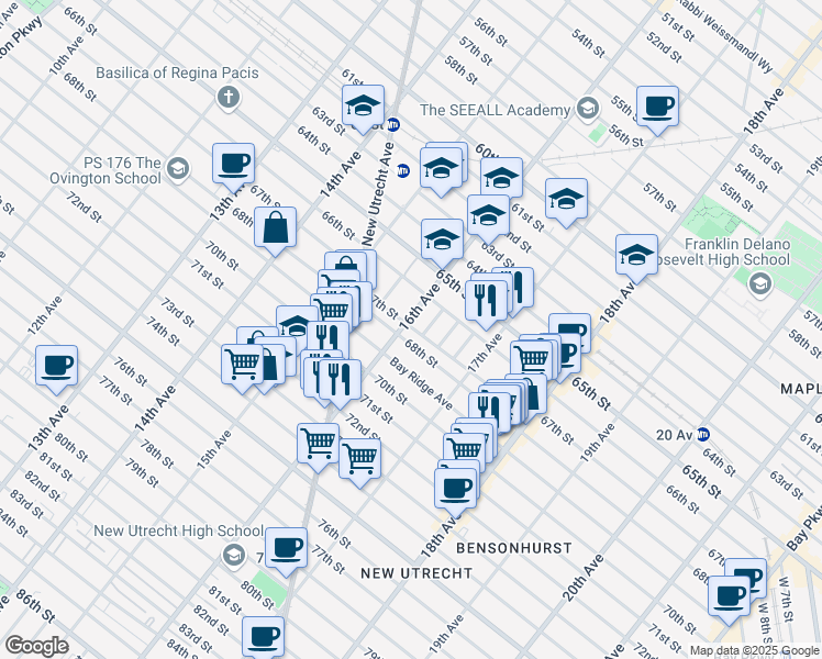 map of restaurants, bars, coffee shops, grocery stores, and more near 6805 16th Avenue in Brooklyn
