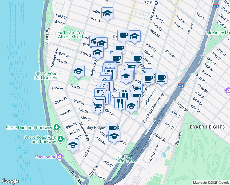 map of restaurants, bars, coffee shops, grocery stores, and more near 345 91st Street in Brooklyn