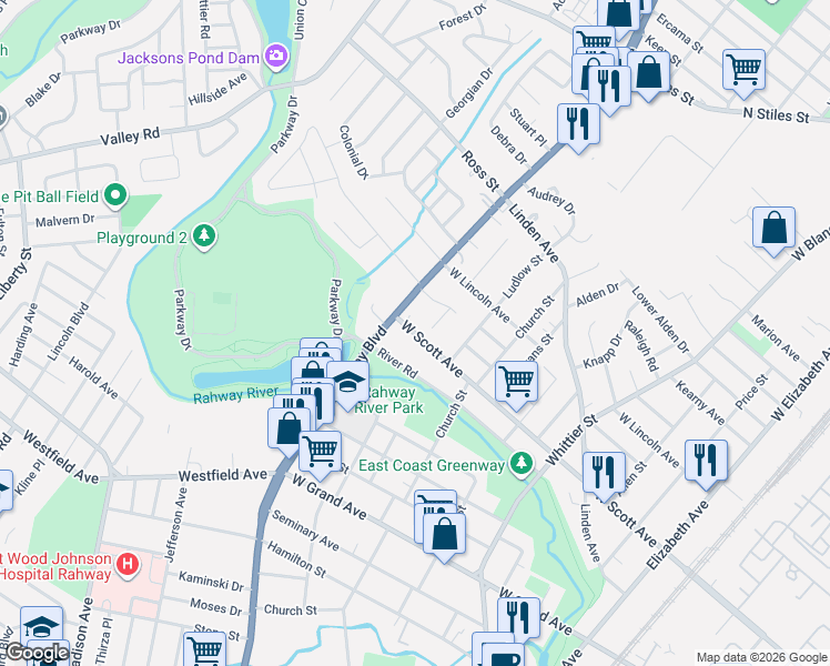 map of restaurants, bars, coffee shops, grocery stores, and more near 774 West Scott Avenue in Rahway