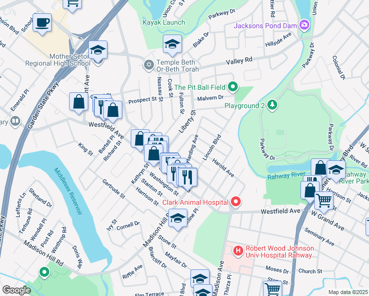 map of restaurants, bars, coffee shops, grocery stores, and more near 7 Harding Avenue in Clark
