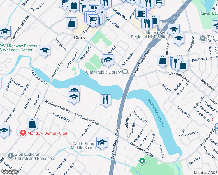 map of restaurants, bars, coffee shops, grocery stores, and more near 332 Madison Hill Road in Clark