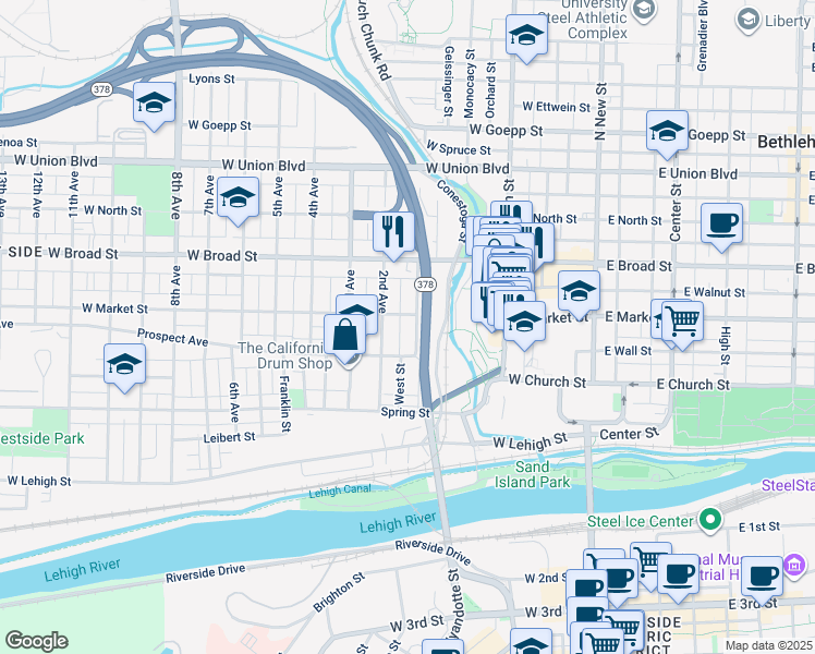 map of restaurants, bars, coffee shops, grocery stores, and more near 427 1st Avenue in Bethlehem