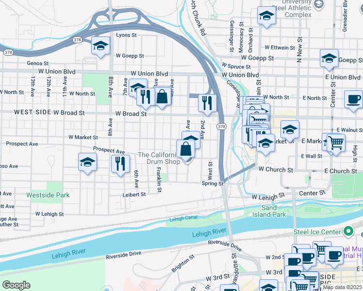 map of restaurants, bars, coffee shops, grocery stores, and more near 417 3rd Avenue in Bethlehem