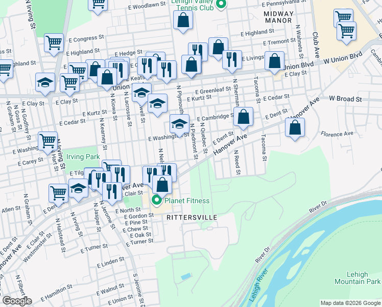 map of restaurants, bars, coffee shops, grocery stores, and more near 703 North Plymouth Street in Allentown