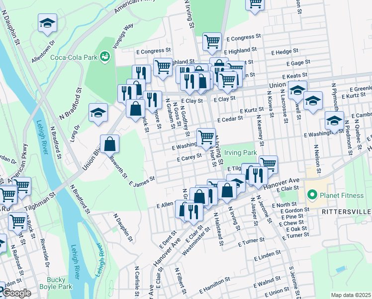map of restaurants, bars, coffee shops, grocery stores, and more near 741 North Graham Street in Allentown