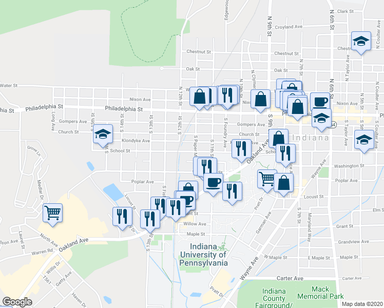 map of restaurants, bars, coffee shops, grocery stores, and more near 1190 School Street in Indiana