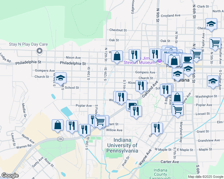 map of restaurants, bars, coffee shops, grocery stores, and more near 1190 School Street in Indiana