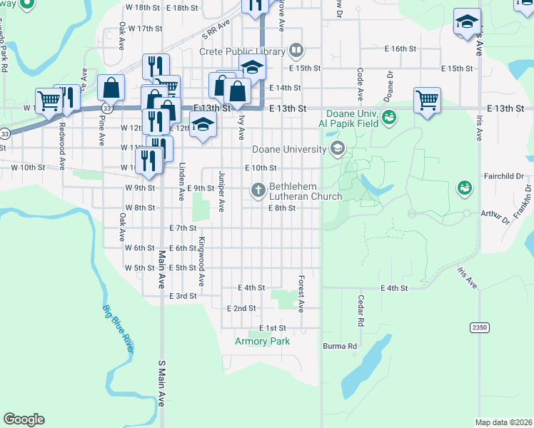 map of restaurants, bars, coffee shops, grocery stores, and more near 710 Hawthorne Avenue in Crete