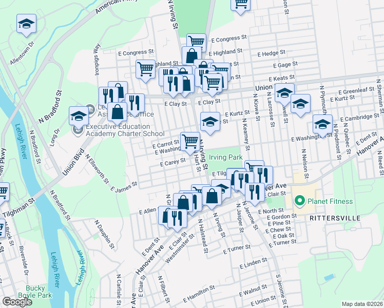 map of restaurants, bars, coffee shops, grocery stores, and more near 777 East Green Street in Allentown