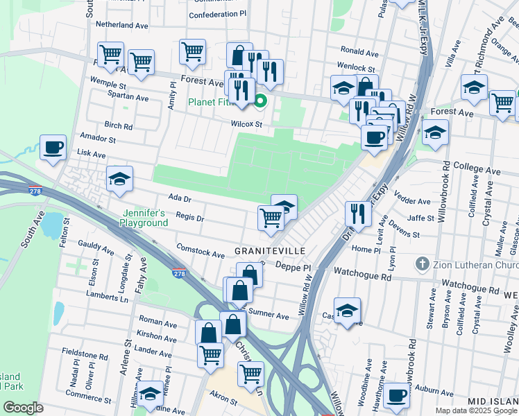 map of restaurants, bars, coffee shops, grocery stores, and more near 40 Ada Drive in Staten Island