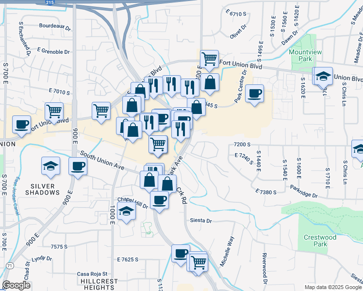 map of restaurants, bars, coffee shops, grocery stores, and more near 7206 Union Park Avenue in Midvale