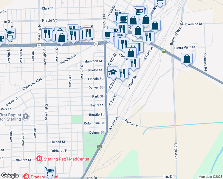 map of restaurants, bars, coffee shops, grocery stores, and more near 329 South 3rd Street in Sterling