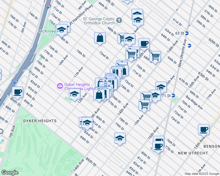 map of restaurants, bars, coffee shops, grocery stores, and more near 7613-7615 13th Avenue in Brooklyn