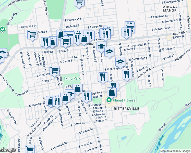 map of restaurants, bars, coffee shops, grocery stores, and more near North Lacrosse Street in Allentown