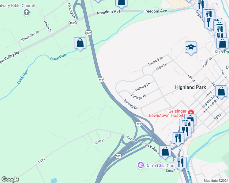 map of restaurants, bars, coffee shops, grocery stores, and more near 481 Summit Drive in Lewistown