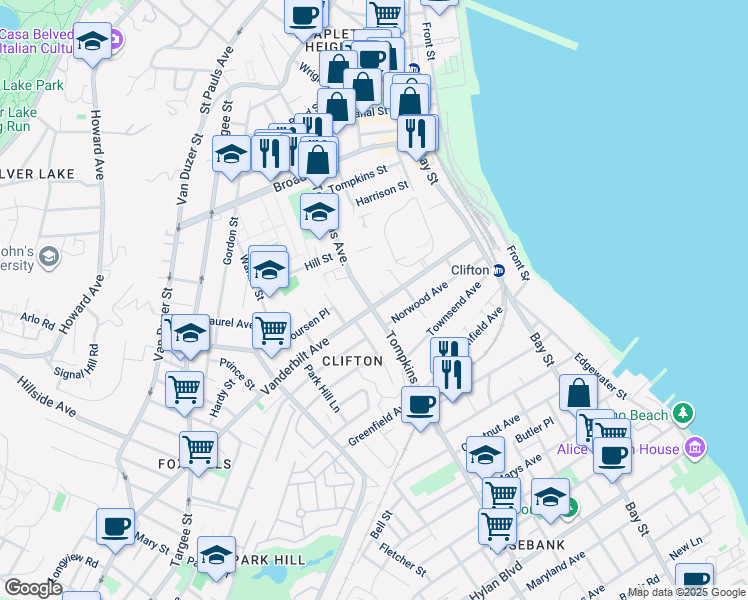 map of restaurants, bars, coffee shops, grocery stores, and more near 155 Vanderbilt Avenue in Staten Island